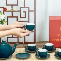 Bộ Trà Men Xanh Lam Bưởi Cành Kẻ Vàng