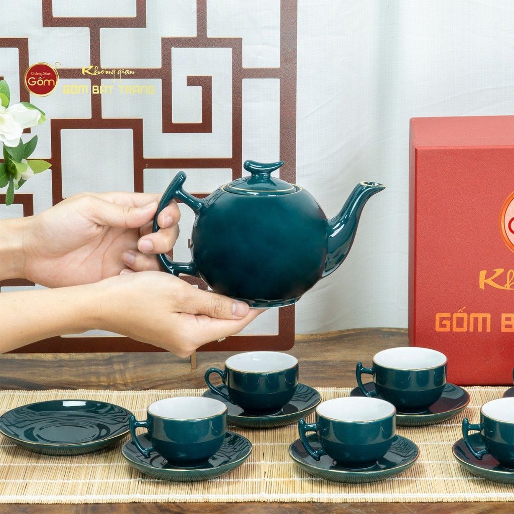 Bộ Trà Men Xanh Lam Bưởi Cành Kẻ Vàng