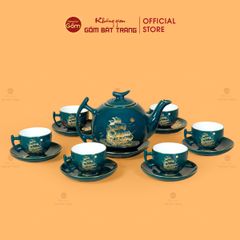 Bộ Trà Men Xanh Lam Bưởi Cành Thuận Buồm Xuôi Gió Vẽ Vàng