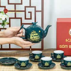 Bộ Trà Men Xanh Lam Bưởi Cành Thuận Buồm Xuôi Gió Vẽ Vàng