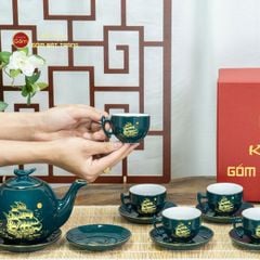Bộ Trà Men Xanh Lam Bưởi Cành Thuận Buồm Xuôi Gió Vẽ Vàng