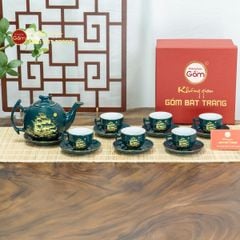Bộ Trà Men Xanh Lam Bưởi Cành Thuận Buồm Xuôi Gió Vẽ Vàng