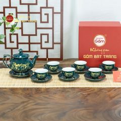 Bộ Trà Men Xanh Lam Đài Các Hoa Sen Vẽ Vàng