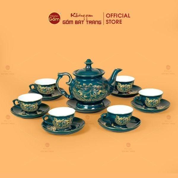 Bộ Trà Men Xanh Lam Vẽ Vàng (Nhiều mẫu)