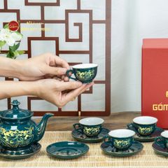 Bộ Trà Men Xanh Lam Đài Các Hoa Sen Vẽ Vàng