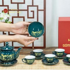Bộ Trà Men Xanh Lam Đài Các Hoa Sen Vẽ Vàng