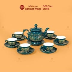 Bộ Trà Men Xanh Lam Đài Các Hoa Sen Vẽ Vàng