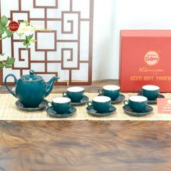 Bộ Trà Men Xanh Lam Dáng Minh Long Kẻ Vàng