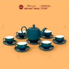 Bộ Trà Men Xanh Lam Dáng Minh Long Kẻ Vàng