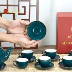 Bộ Trà Men Xanh Lam Dáng Minh Long Kẻ Vàng