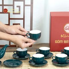 Bộ Trà Men Xanh Lam Dáng Minh Long Kẻ Vàng