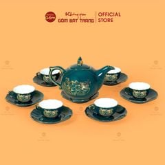 Bộ Trà Men Xanh Lam Mẫu Đơn Hoa Sen Vẽ Vàng