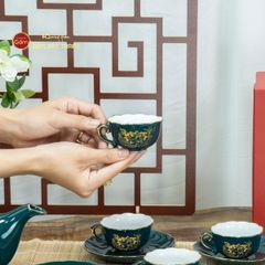 Bộ Trà Men Xanh Lam Mẫu Đơn Hoa Sen Vẽ Vàng