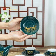 Bộ Trà Men Xanh Lam Mẫu Đơn Hoa Sen Vẽ Vàng