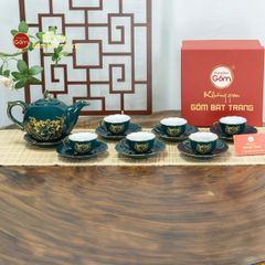 Bộ Trà Men Xanh Lam Mẫu Đơn Hoa Sen Vẽ Vàng
