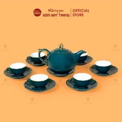 Bộ Trà Men Xanh Lam Mẫu Đơn Kẻ Vàng