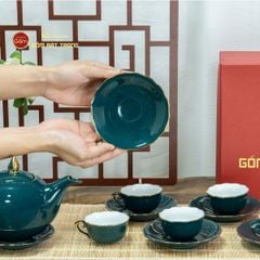 Bộ Trà Men Xanh Lam Mẫu Đơn Kẻ Vàng