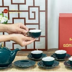 Bộ Trà Men Xanh Lam Mẫu Đơn Kẻ Vàng