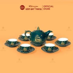 Bộ Trà Men Xanh Lam Mẫu Đơn Thuận Buồm Xuôi Gió Vẽ Vàng