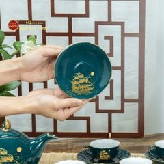 Bộ Trà Men Xanh Lam Mẫu Đơn Thuận Buồm Xuôi Gió Vẽ Vàng