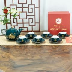 Bộ Trà Men Xanh Lam Mẫu Đơn Thuận Buồm Xuôi Gió Vẽ Vàng