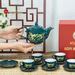 Bộ Trà Men Xanh Lam Ngọn Lửa Hoa Sen Vẽ Vàng