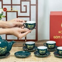 Bộ Trà Men Xanh Lam Ngọn Lửa Hoa Sen Vẽ Vàng