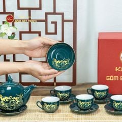 Bộ Trà Men Xanh Lam Ngọn Lửa Hoa Sen Vẽ Vàng