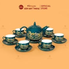 Bộ Trà Men Xanh Lam Ngọn Lửa Hoa Sen Vẽ Vàng