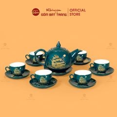 Bộ Trà Men Xanh Lam Ngọn Lửa Thuận Buồm Xuôi Gió Vẽ Vàng