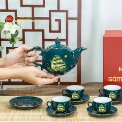 Bộ Trà Men Xanh Lam Ngọn Lửa Thuận Buồm Xuôi Gió Vẽ Vàng