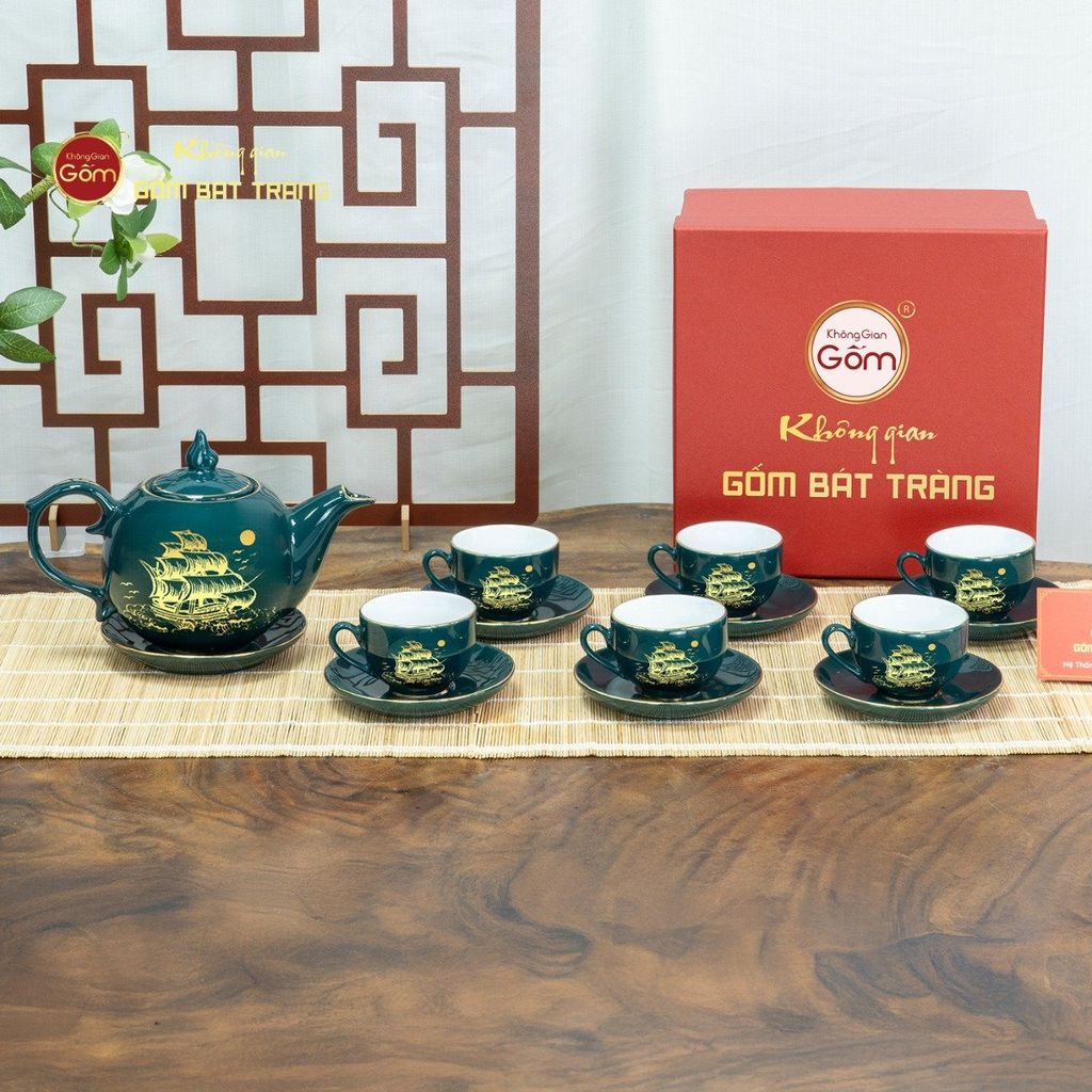 Bộ Trà Men Xanh Lam Ngọn Lửa Thuận Buồm Xuôi Gió Vẽ Vàng