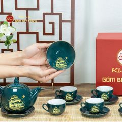 Bộ Trà Men Xanh Lam Ngọn Lửa Thuận Buồm Xuôi Gió Vẽ Vàng