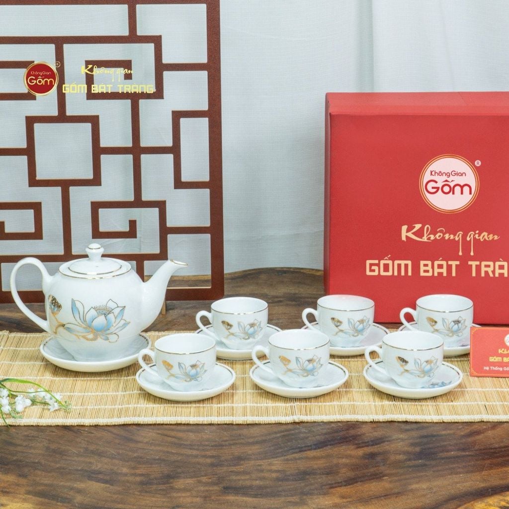 Bộ Trà Minh Long Hoa Sen Xanh Vẽ Vàng