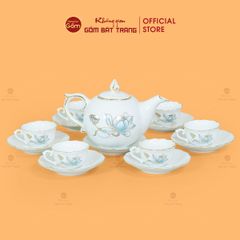 Bộ Trà Mẫu Đơn Ly Lượn Hoa Sen Xanh Vẽ Vàng