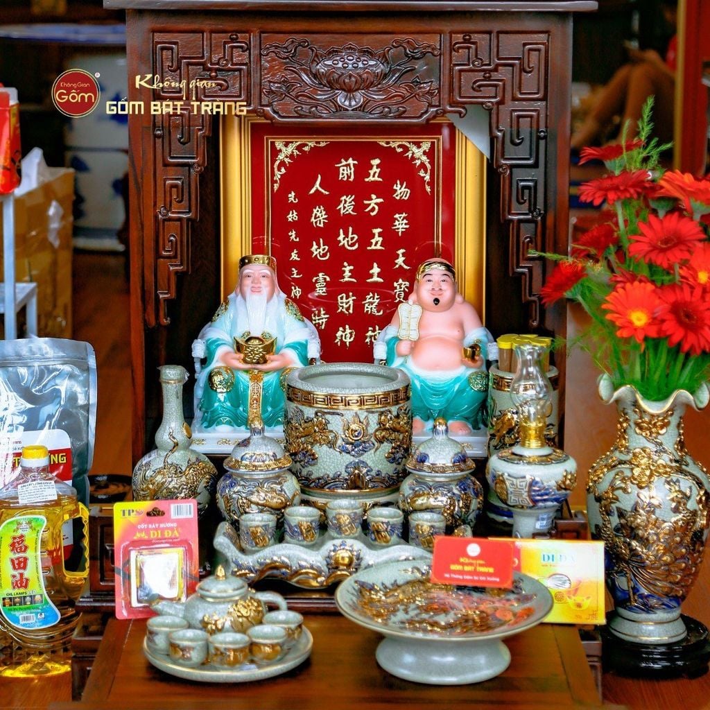 Tượng Thần Tài Thổ Địa Ghế Rồng Màu Lục Bảo