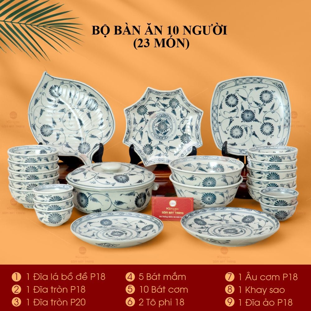 Bộ Bàn Ăn 10 Người (23 món) Men Rạn Vẽ Cúc Đen