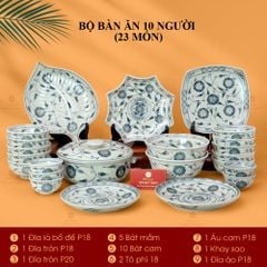 Bộ Bàn Ăn 10 Người (23 món) Men Rạn Vẽ Cúc Đen