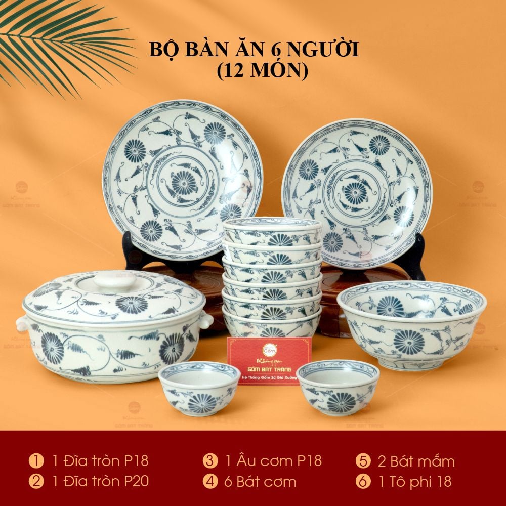Bộ Bàn Ăn 6 Người (12 món) Men Rạn Vẽ Cúc Đen