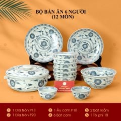 Bộ Bàn Ăn 6 Người (12 món) Men Rạn Vẽ Cúc Đen