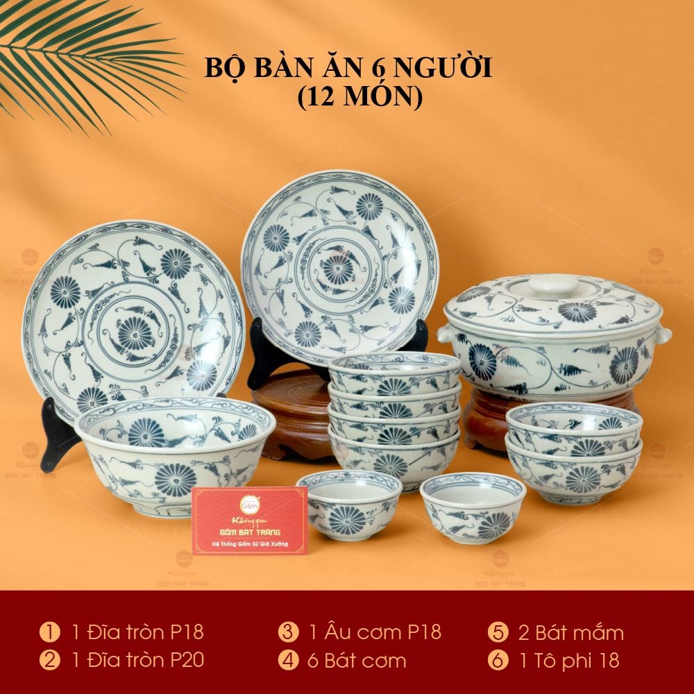 Bộ Bàn Ăn 6 Người (12 món) Men Rạn Vẽ Cúc Đen