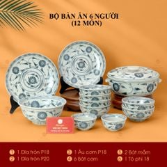 Bộ Bàn Ăn 6 Người (12 món) Men Rạn Vẽ Cúc Đen