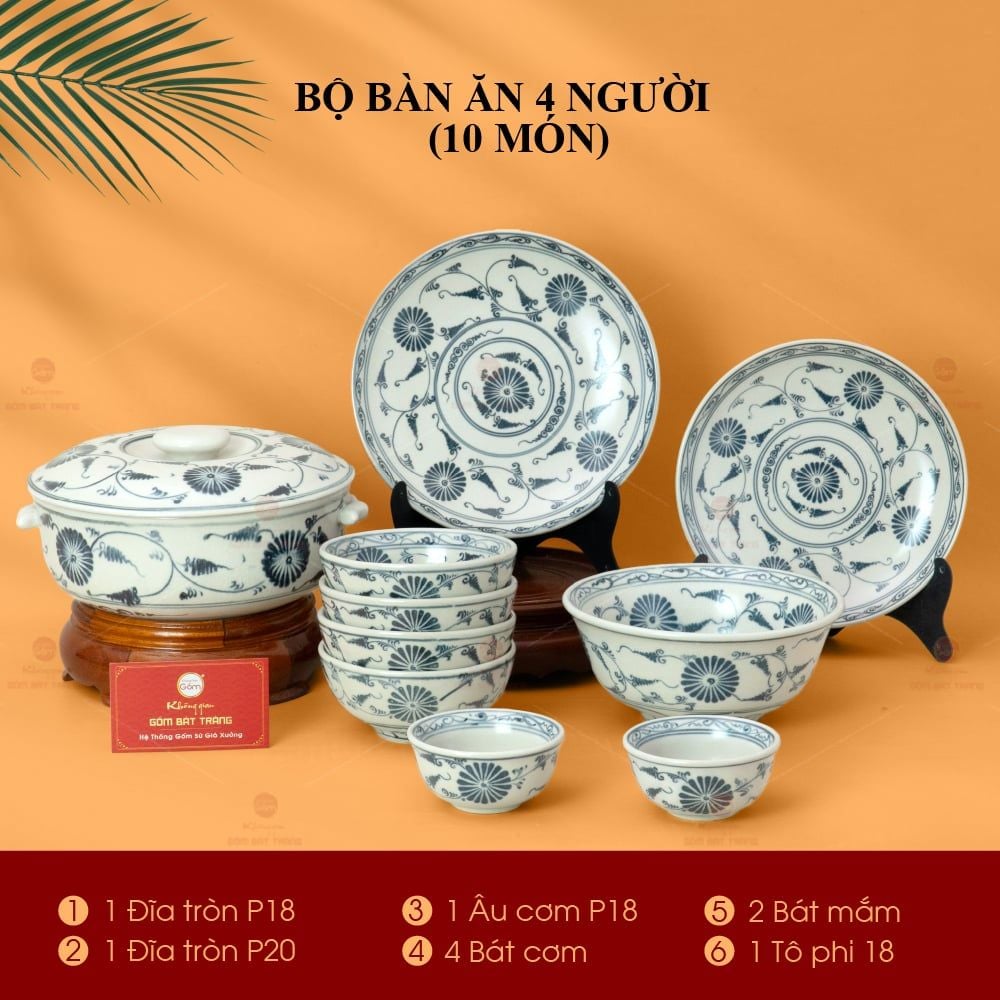Bộ Bàn Ăn 4 Người (10 món) Men Rạn Vẽ Cúc Đen