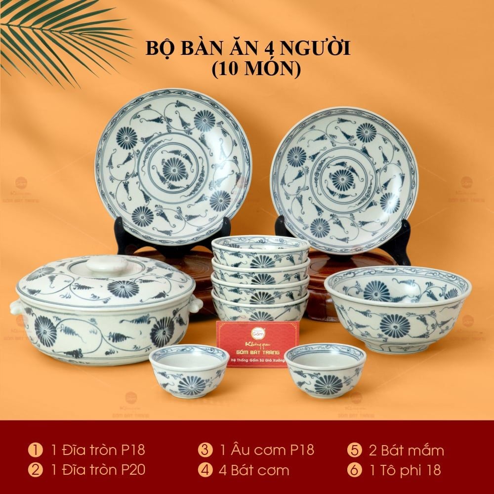 Bộ Bàn Ăn 4 Người (10 món) Men Rạn Vẽ Cúc Đen