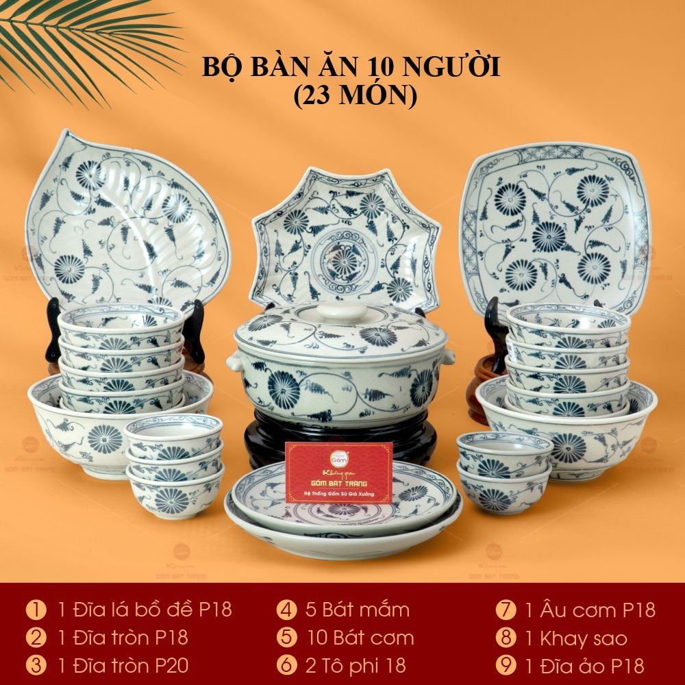 Bộ Bàn Ăn 10 Người (23 món) Men Rạn Vẽ Cúc Đen