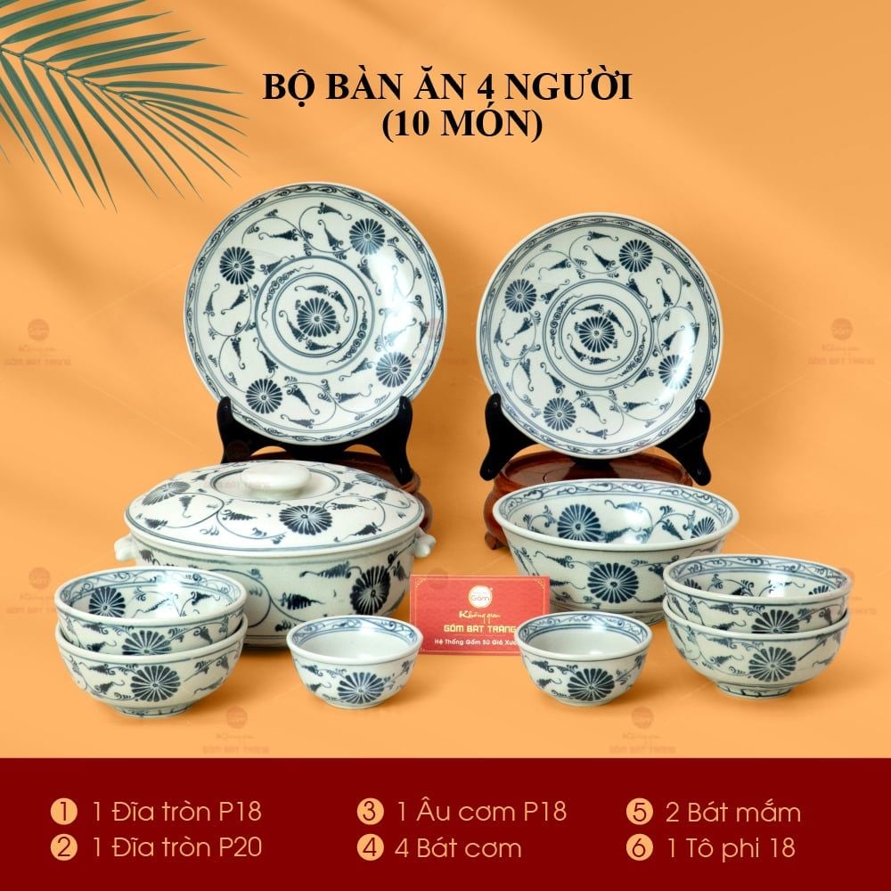 Bộ Bàn Ăn 4 Người (10 món) Men Rạn Vẽ Cúc Đen