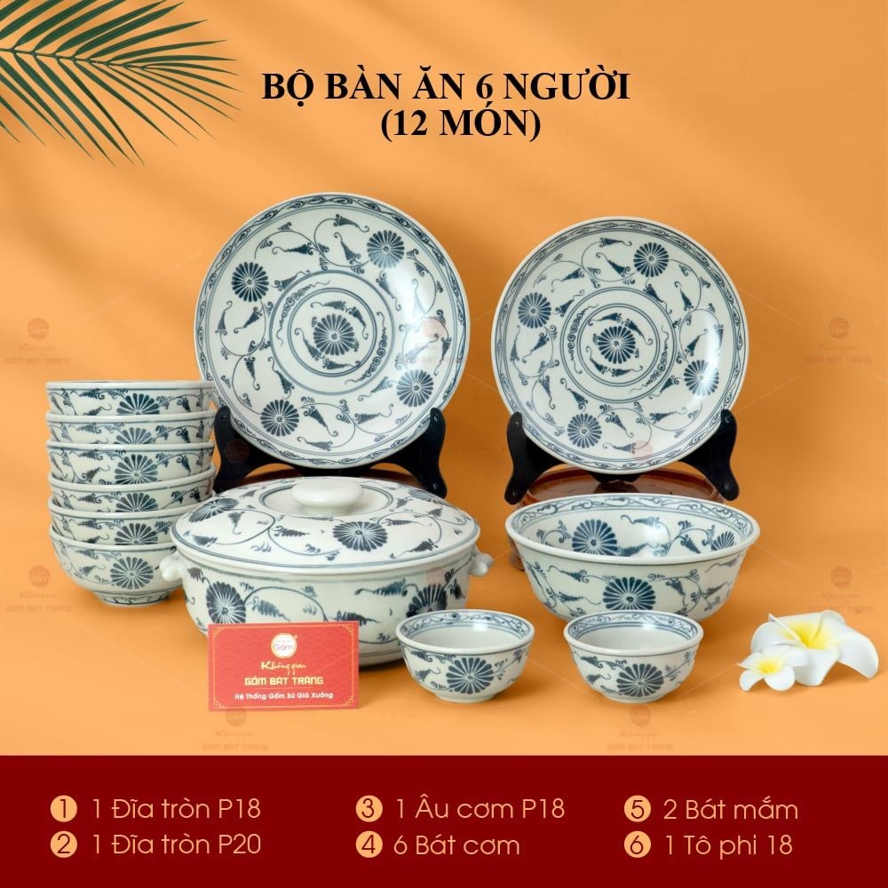 Bộ Bàn Ăn 6 Người (12 món) Men Rạn Vẽ Cúc Đen