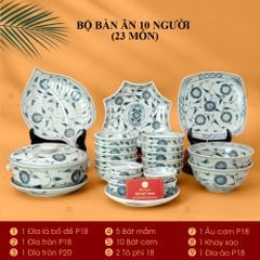 Bộ Bàn Ăn 10 Người (23 món) Men Rạn Vẽ Cúc Đen