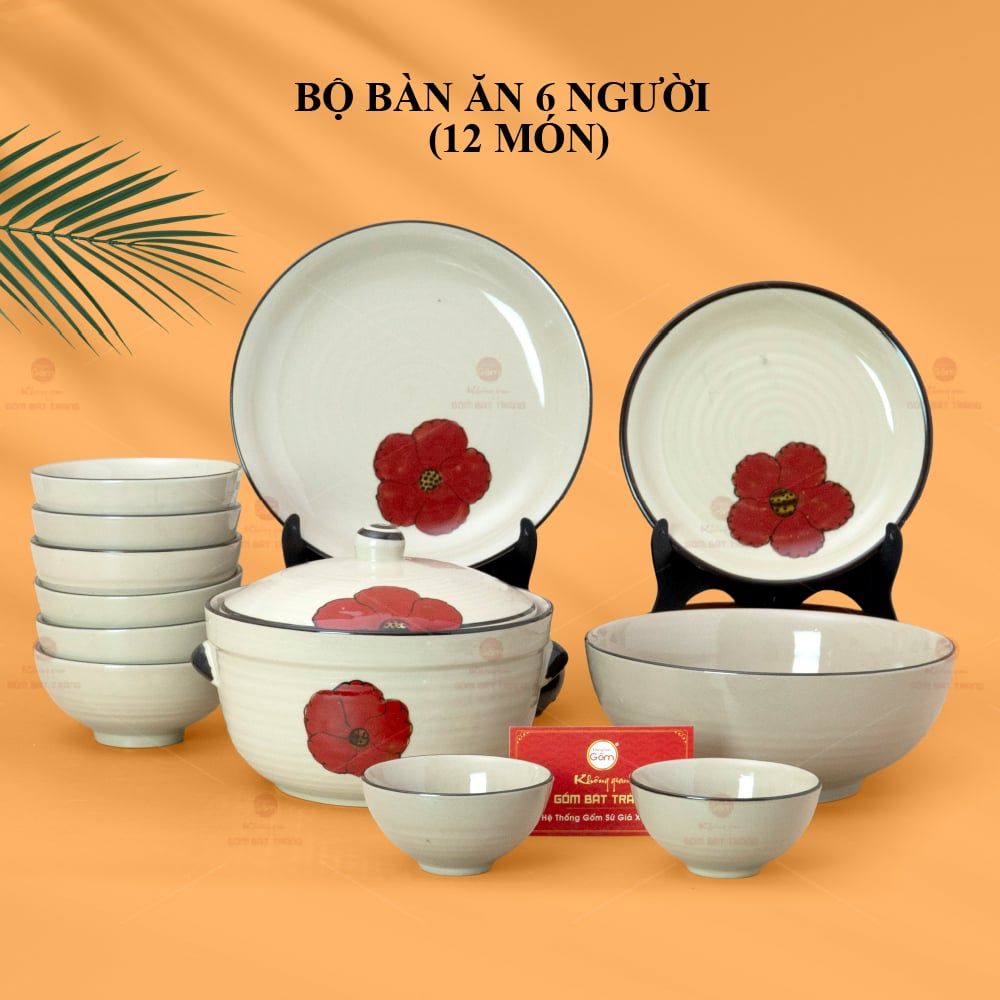 Bộ Bàn Ăn 6 Người (12 món) Men Hoả Biến Hoa Sứ Đỏ