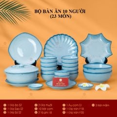 Bộ Bát Đĩa Bát Tràng Men Biển Xanh Cát Trắng
